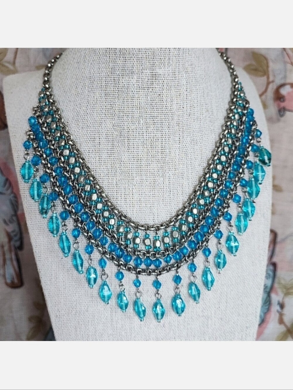 Aquamarine Light Blue Aqua Color Glass Bohemian Vintage Silver Tone Bib Necklace
